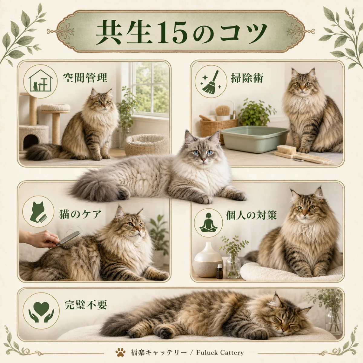 猫アレルギーと共生するための15のテクニックを4カテゴリに整理したインフォグラフィック