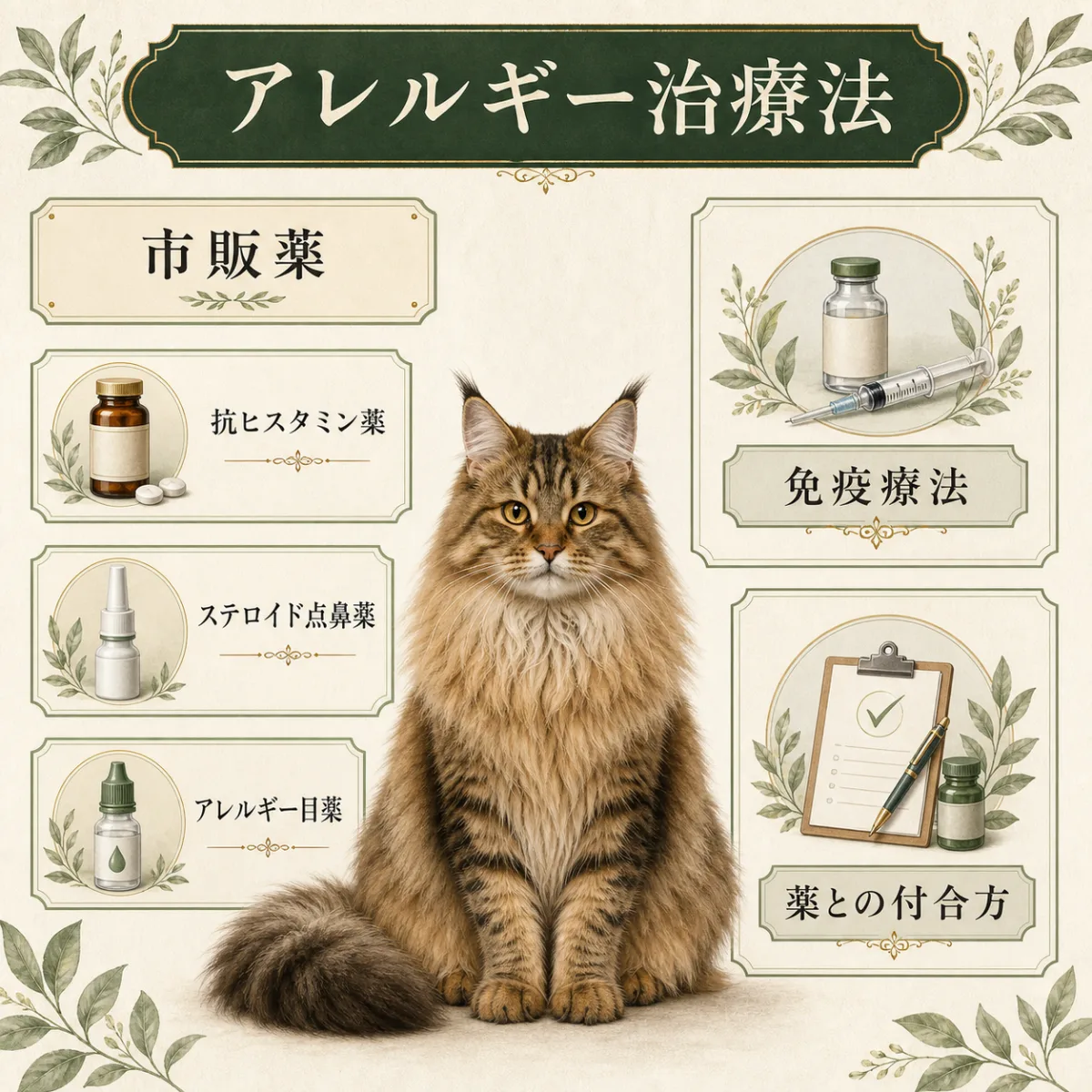 猫アレルギーの薬と治療法：市販薬から免疫療法まで選択肢を図解