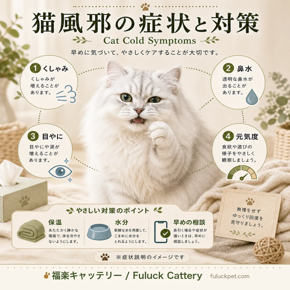 猫風邪（上部気道感染症）の症状・原因・対策を解説。くしゃみ、