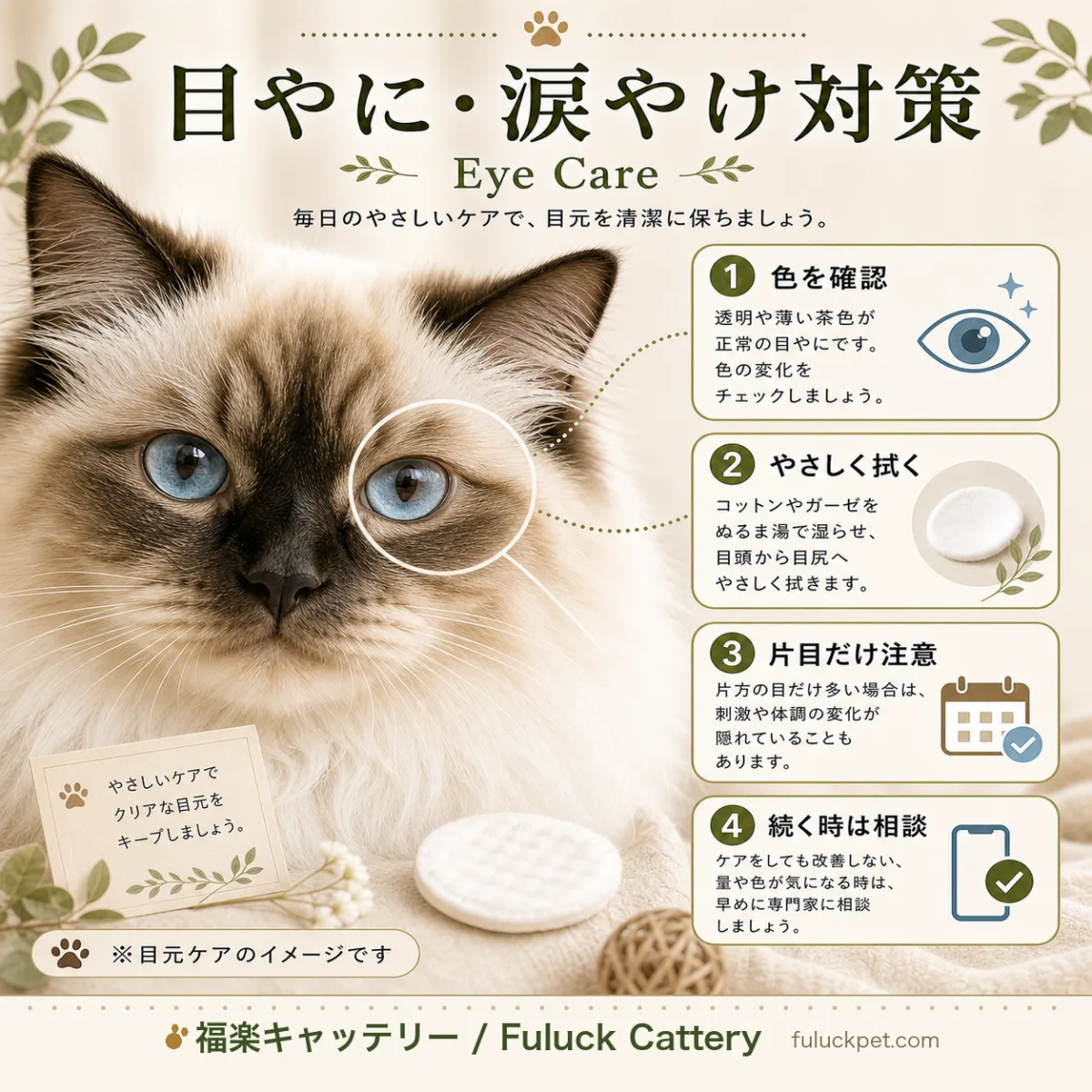 猫の目やにや涙やけの原因と対策を解説。正常な目やにと病気のサ