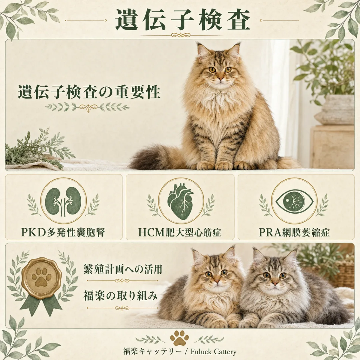 猫の遺伝子検査の目的・検査項目・福楽キャッテリーの取り組みをまとめたインフォグラフィック
