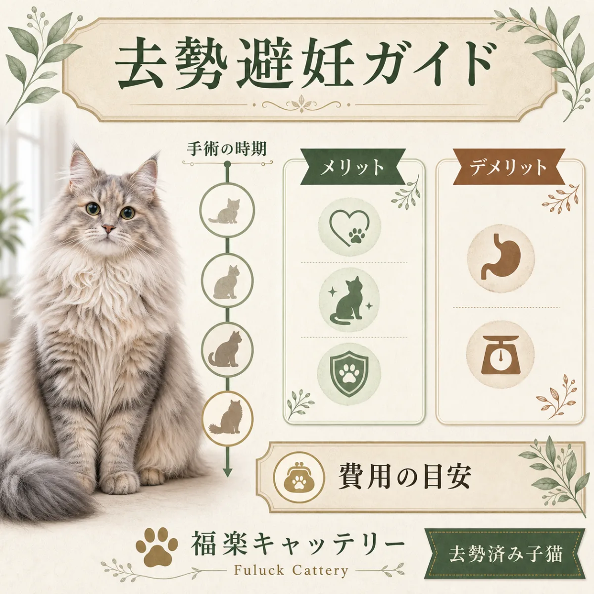 猫の去勢・避妊手術の時期・メリット・費用をわかりやすく解説したインフォグラフィック