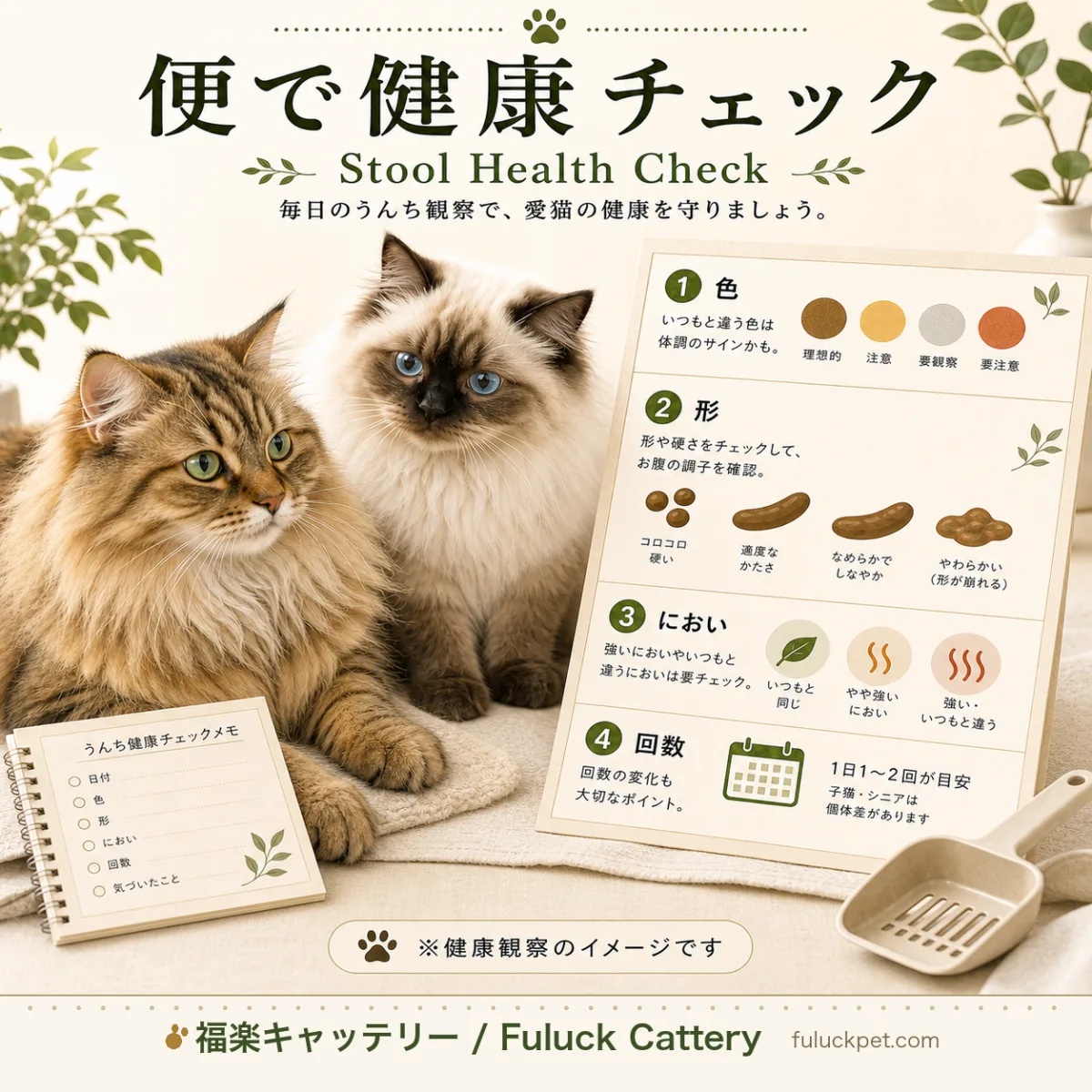 猫の便の色・形・臭いから健康状態を判断する方法を解説。正常な