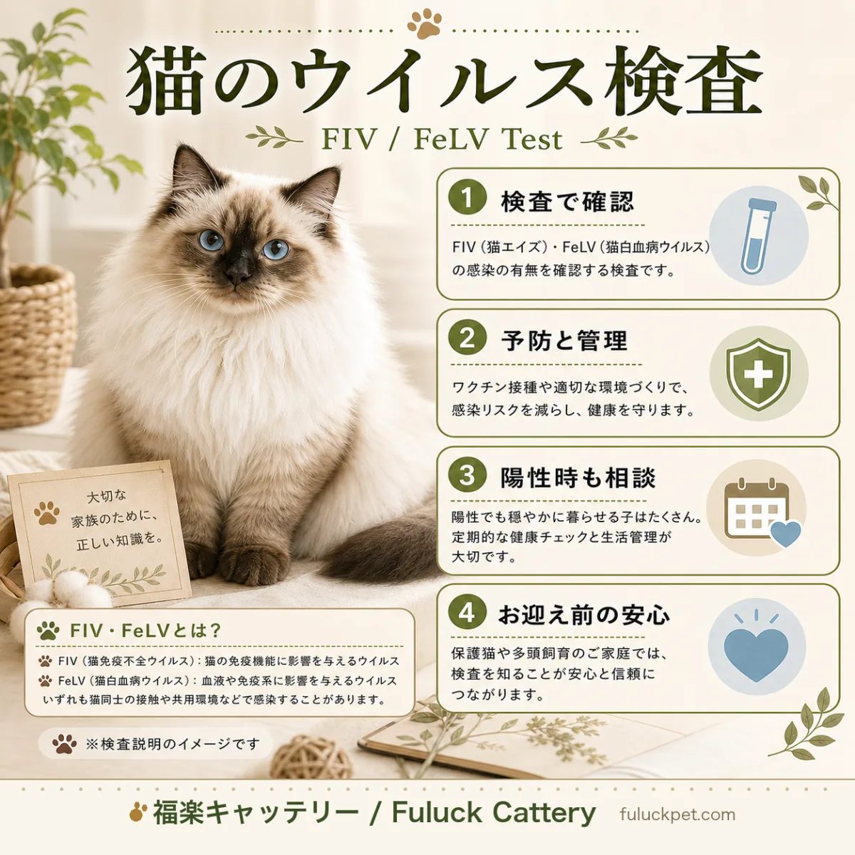猫のウイルス検査（FIV・FeLV）について解説。検査の重要性、陽性