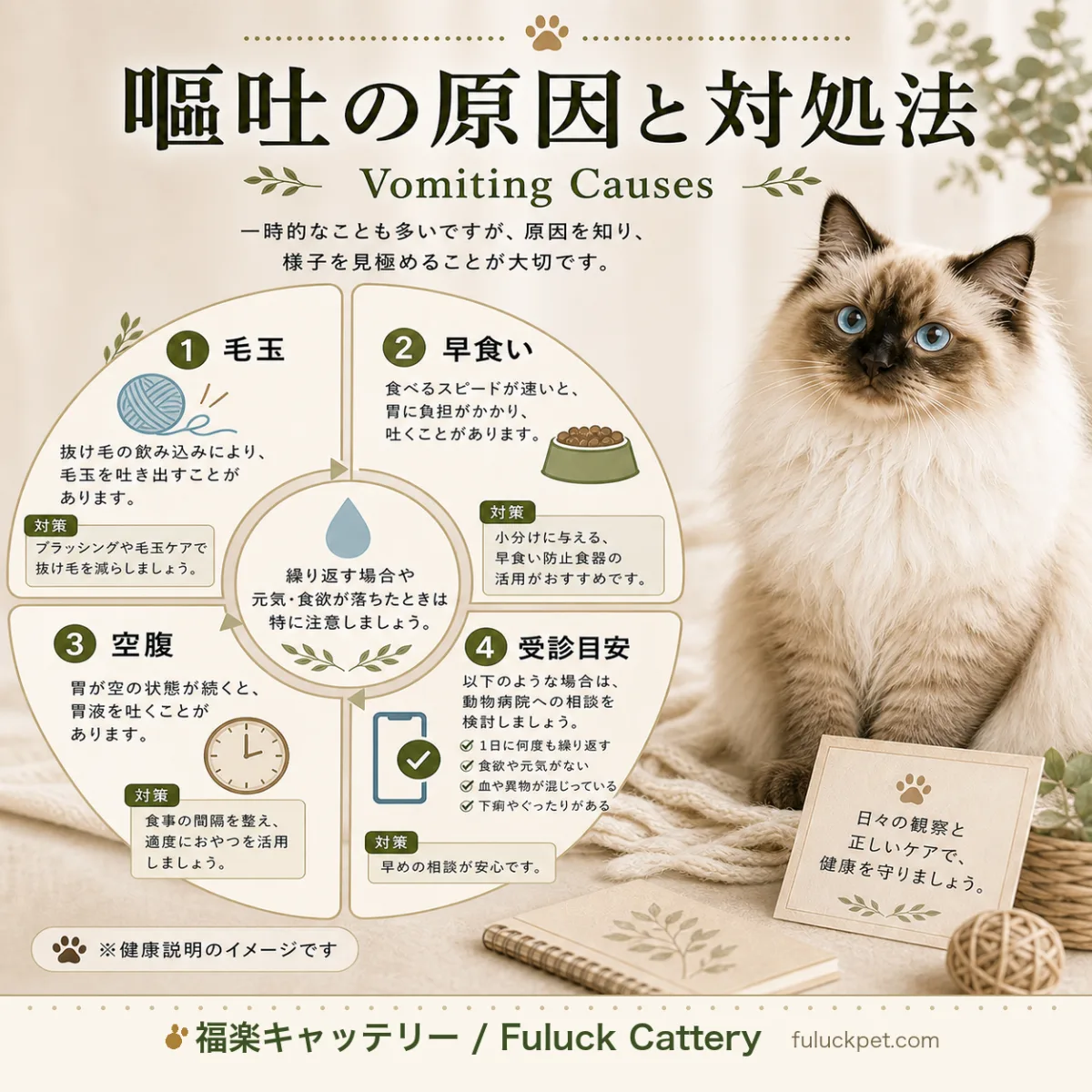 猫の嘔吐の原因を解説。毛玉・空腹・早食いなど心配のない嘔吐と