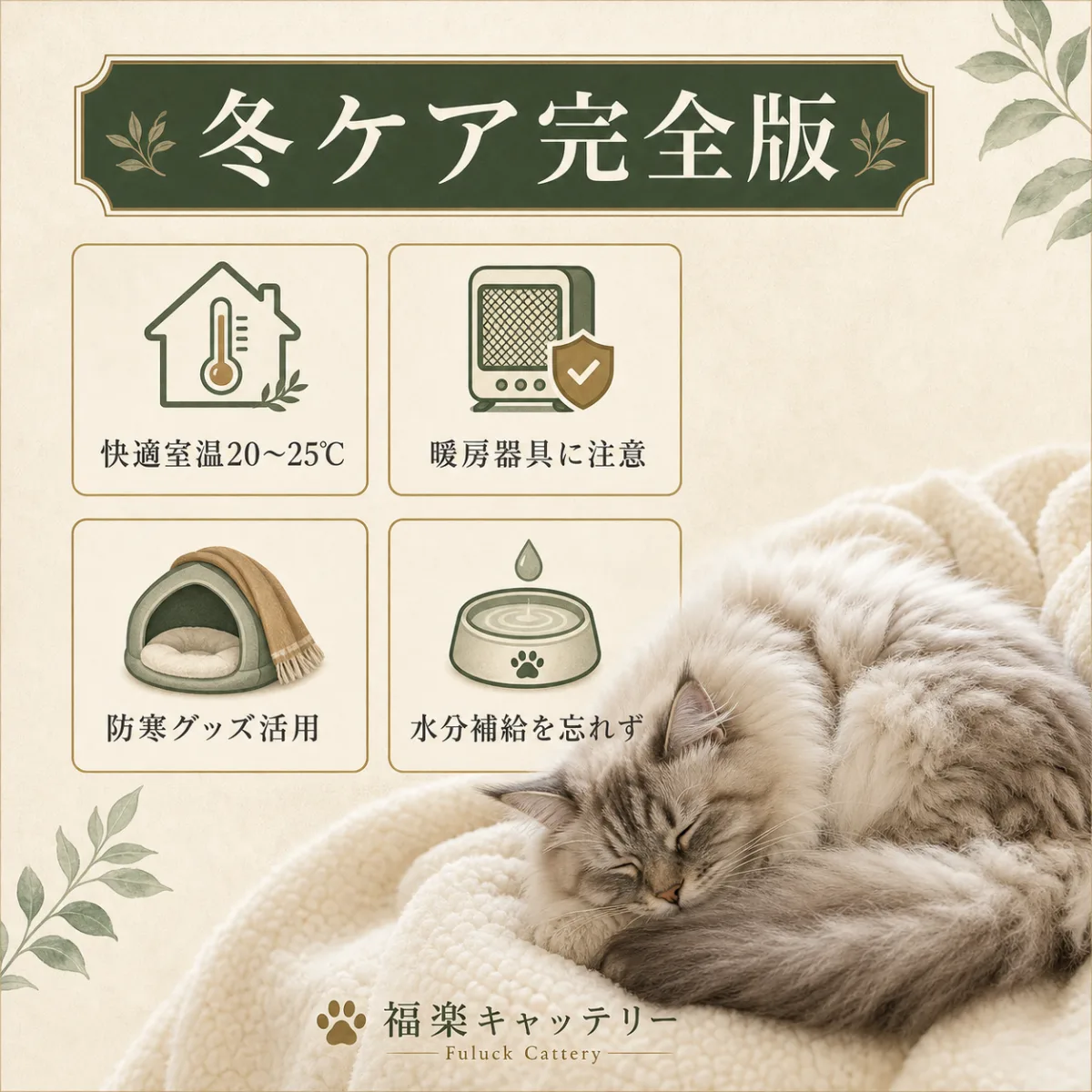 猫の冬の寒さ対策：室温・暖房・防寒グッズ・水分補給の4つのポイント