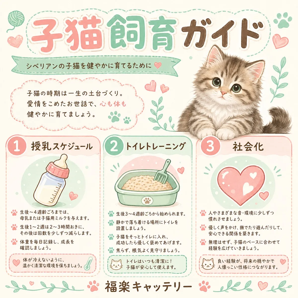 子猫の飼い方ポイントをまとめた解説イラスト