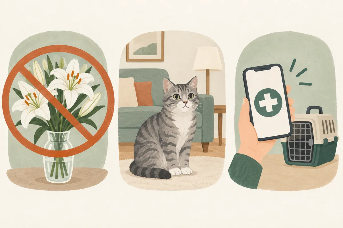 ユリを持ち込まない予防と動物病院への連絡を示すAIイラスト