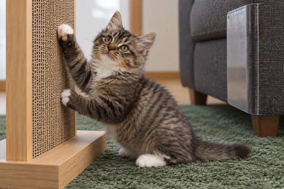 AI illustration of a kitten using a stable scratcher beside a protected sofa