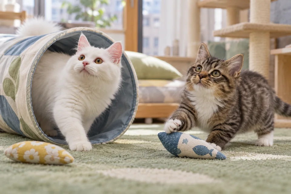 A shared space with separate toys for each kitten (AI illustration)