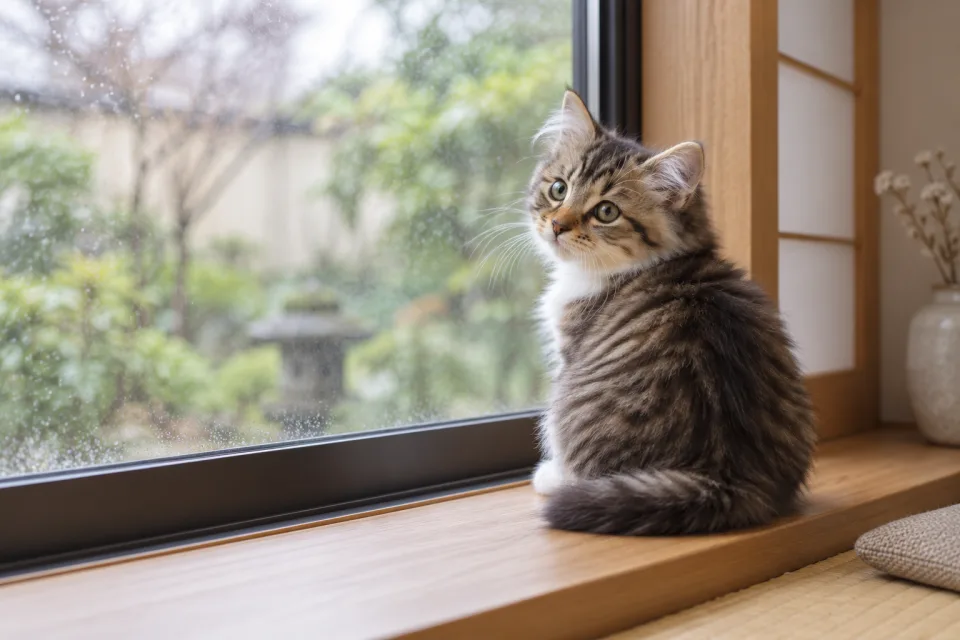 A Siberian kitten resting by a closed window